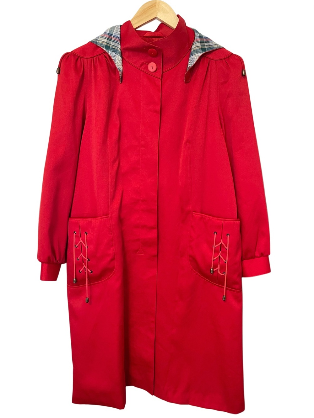 🔥 RARE VINTAGE 90s Yi Feng Shanghai Red Plaid-Hooded Trench Coat 🔥